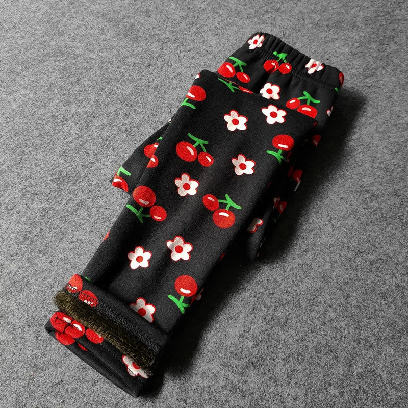 Autumn Winter Baby Girls Leggings Thick Warm Dot Pants Kid Girl Leopard Plus Velvet Pants Children Vintage Flowers Trousers