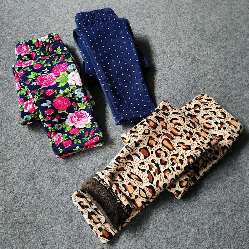 Autumn Winter Baby Girls Leggings Thick Warm Dot Pants Kid Girl Leopard Plus Velvet Pants Children Vintage Flowers Trousers