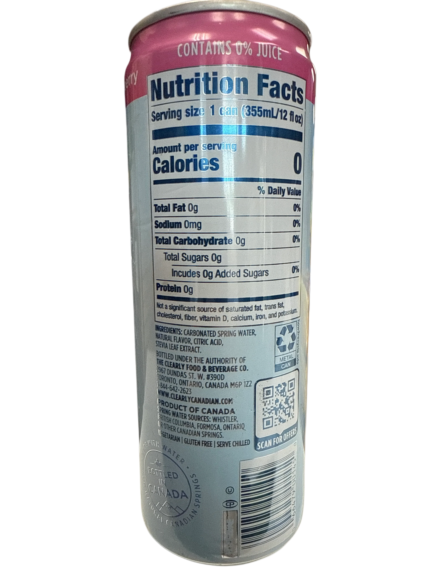 Clearly Canadian Zero Sugar  Country Raspberry Flavour 355ML - Canadian Edition