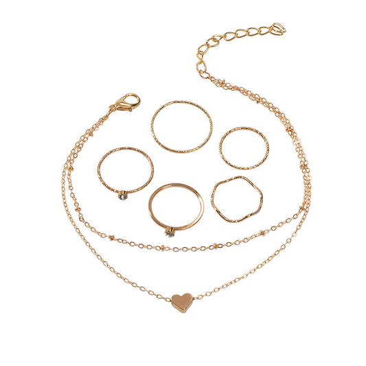Multi-layer Gold Chain Love Heart Charm Anklet Knuckle Curved Multiple Rings set-0
