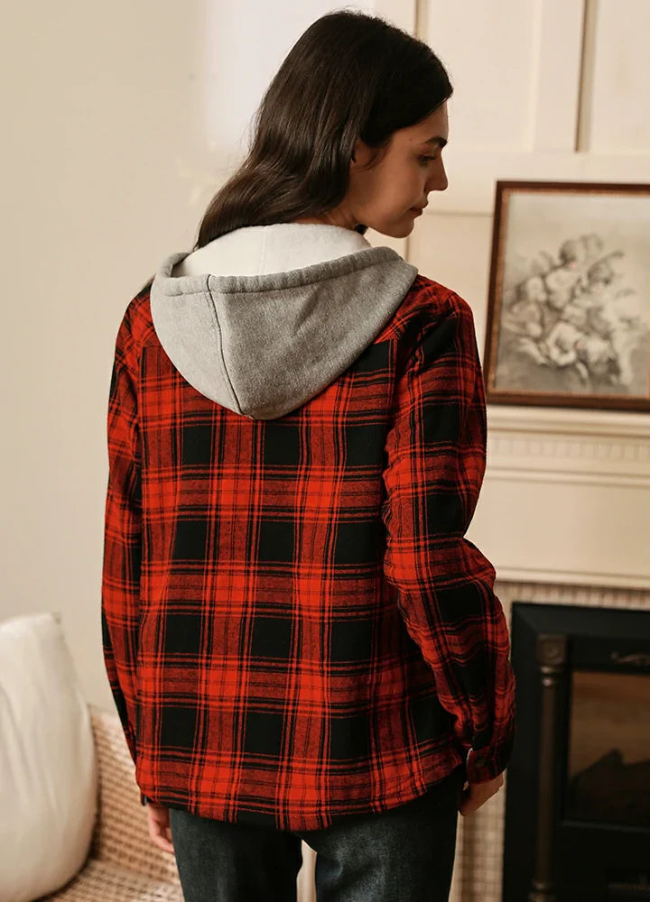 Women's Fleece Lined Flannel Shirt,Button Down Plaid Hooded Jacket-2