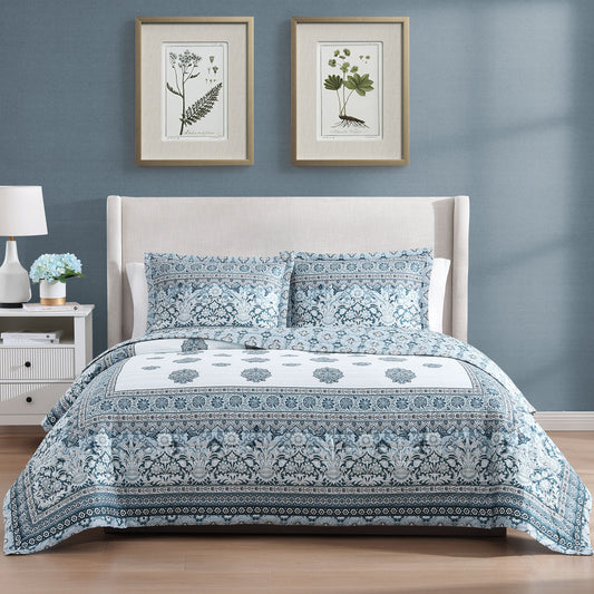 Bebejan Aquamarine Medallion 3 Piece Reversible Quilted Coverlet Set-0