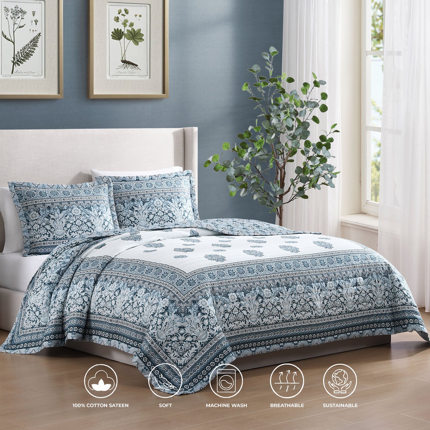Bebejan Aquamarine Medallion 3 Piece Reversible Quilted Coverlet Set-1