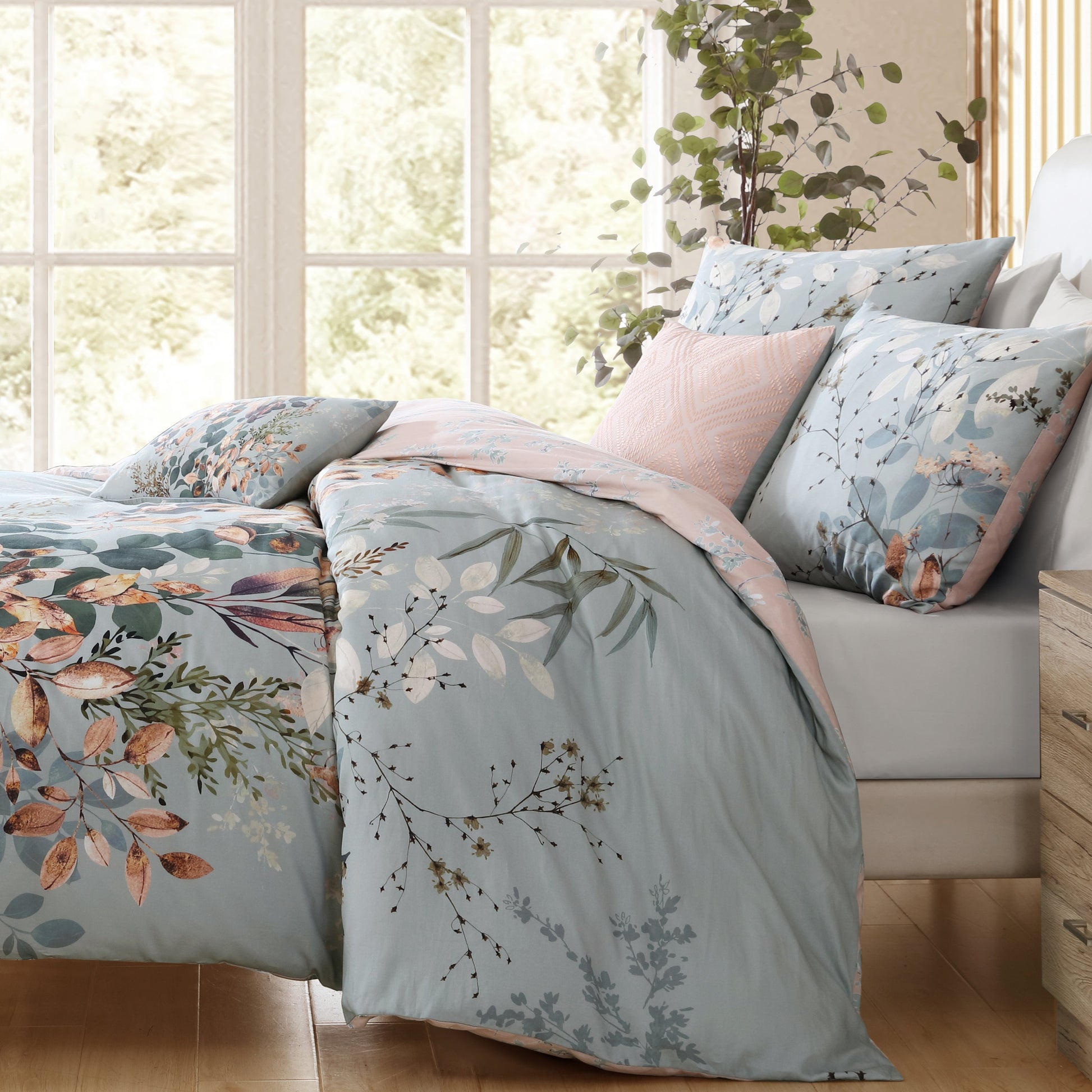 Bebejan Peach Leaves on Sage 5 Piece Reversible Comforter Set-2