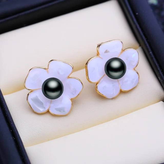 Designer Genuine Freshwater Flower Stud Earrings in Gold-2