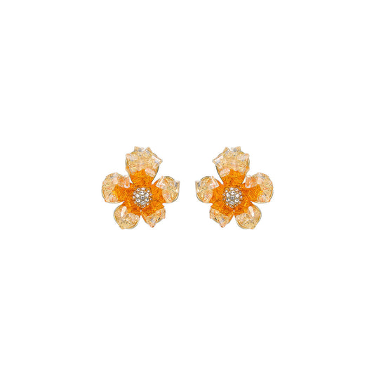 Crystal Iris Flower Stud Orange Earrings-0