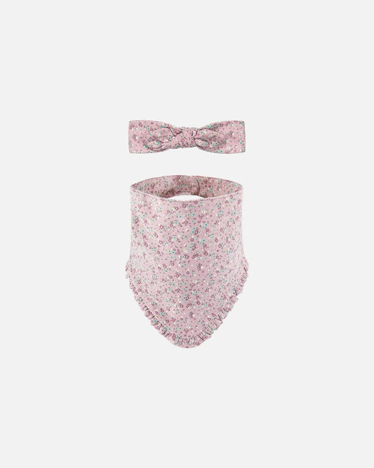 Organic Cotton Headband And Bib Set Mauve Little Flower Print-0
