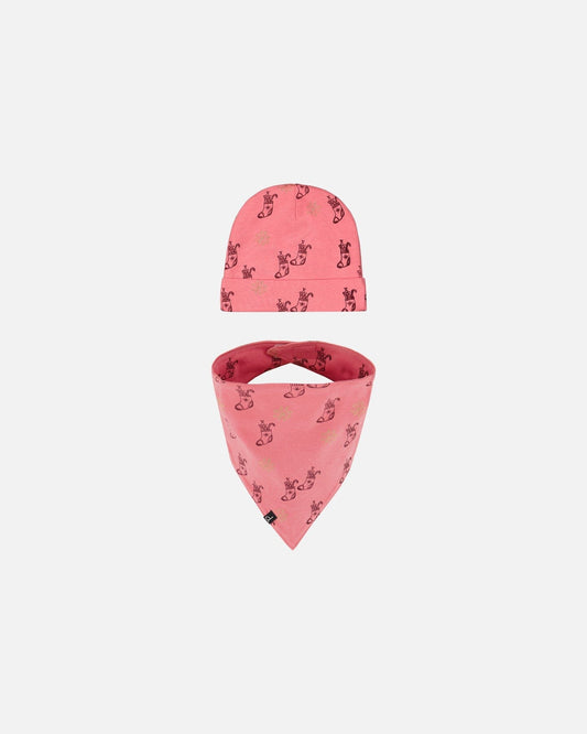 Organic Cotton Printed Christmas Stocking Hat And Bib Set Pink-0