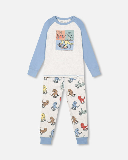 Organic Cotton Two Piece Pajama Set Oatmeal Mix Dinosaur Print-0
