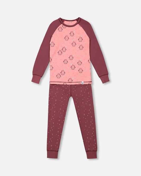 Organic Cotton Long Sleeve Two Piece Printed Penguins Pajama Set Pink-0