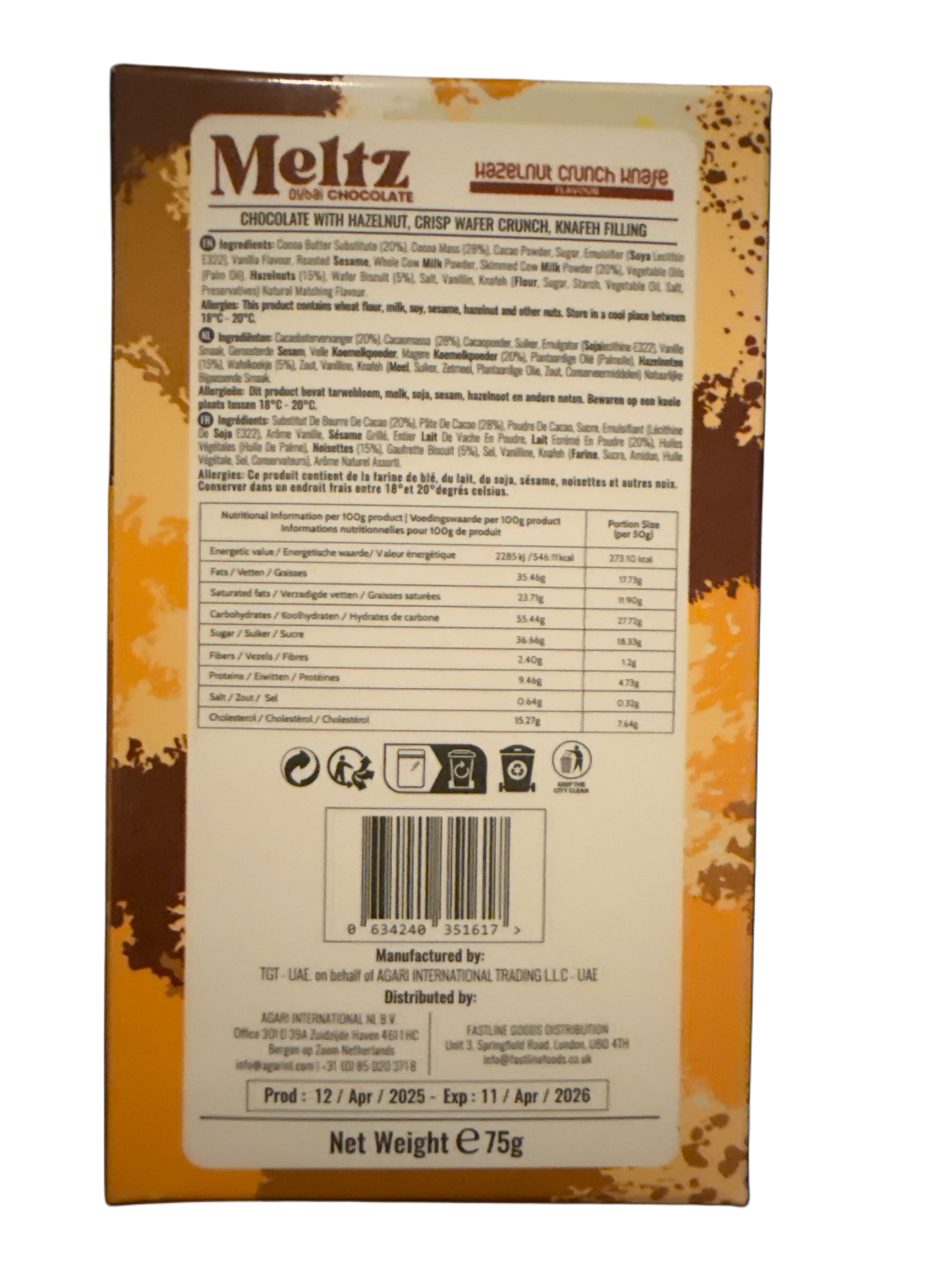 Meltz Dubai Chocolate Hazelnut Crunch Knafeh Flavour 75G - Dubai Edition