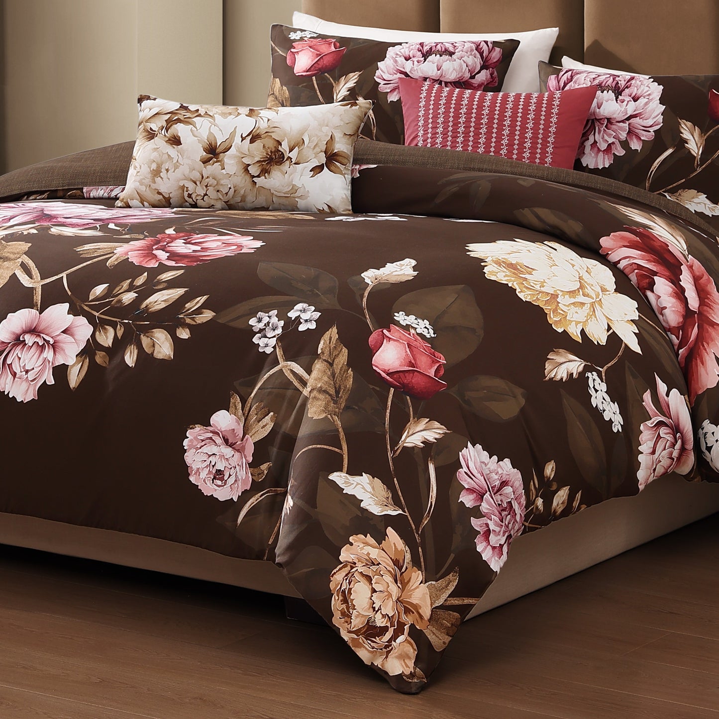 Bebejan Floral Garden on Mocha 5 Piece Reversible Comforter Set-2