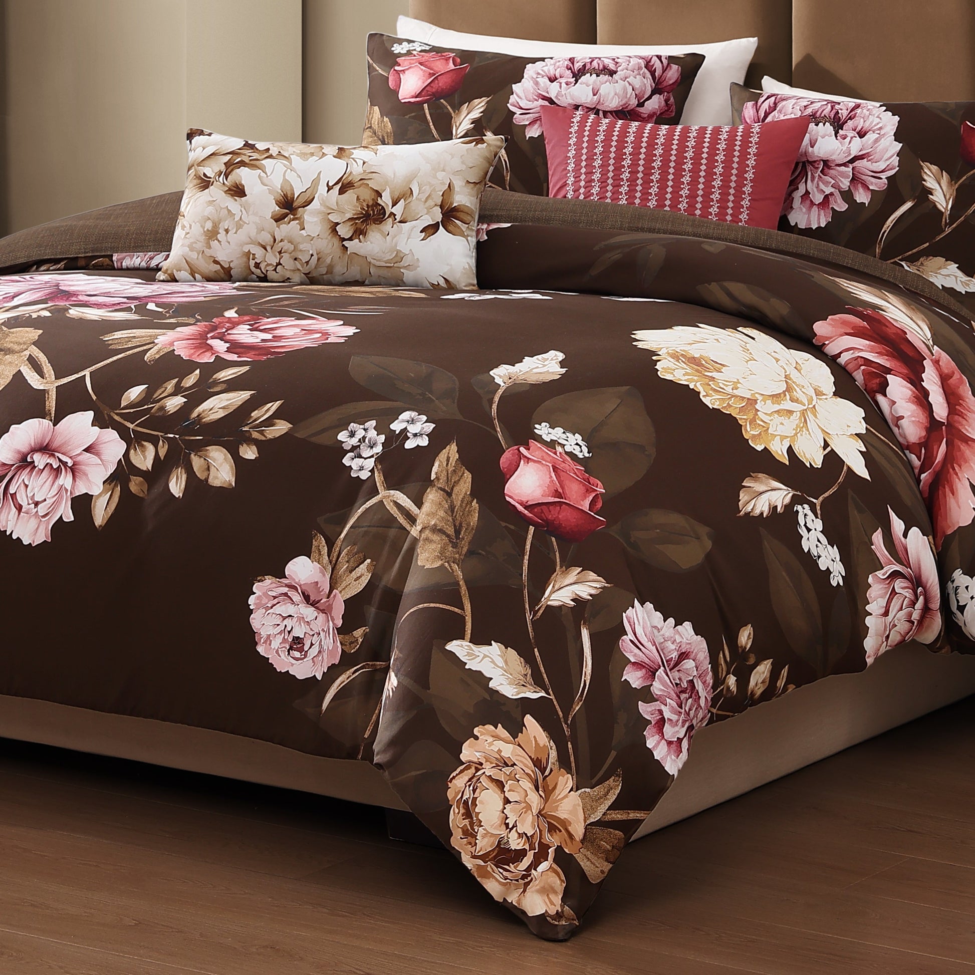 Bebejan Floral Garden on Mocha 5 Piece Reversible Comforter Set-2