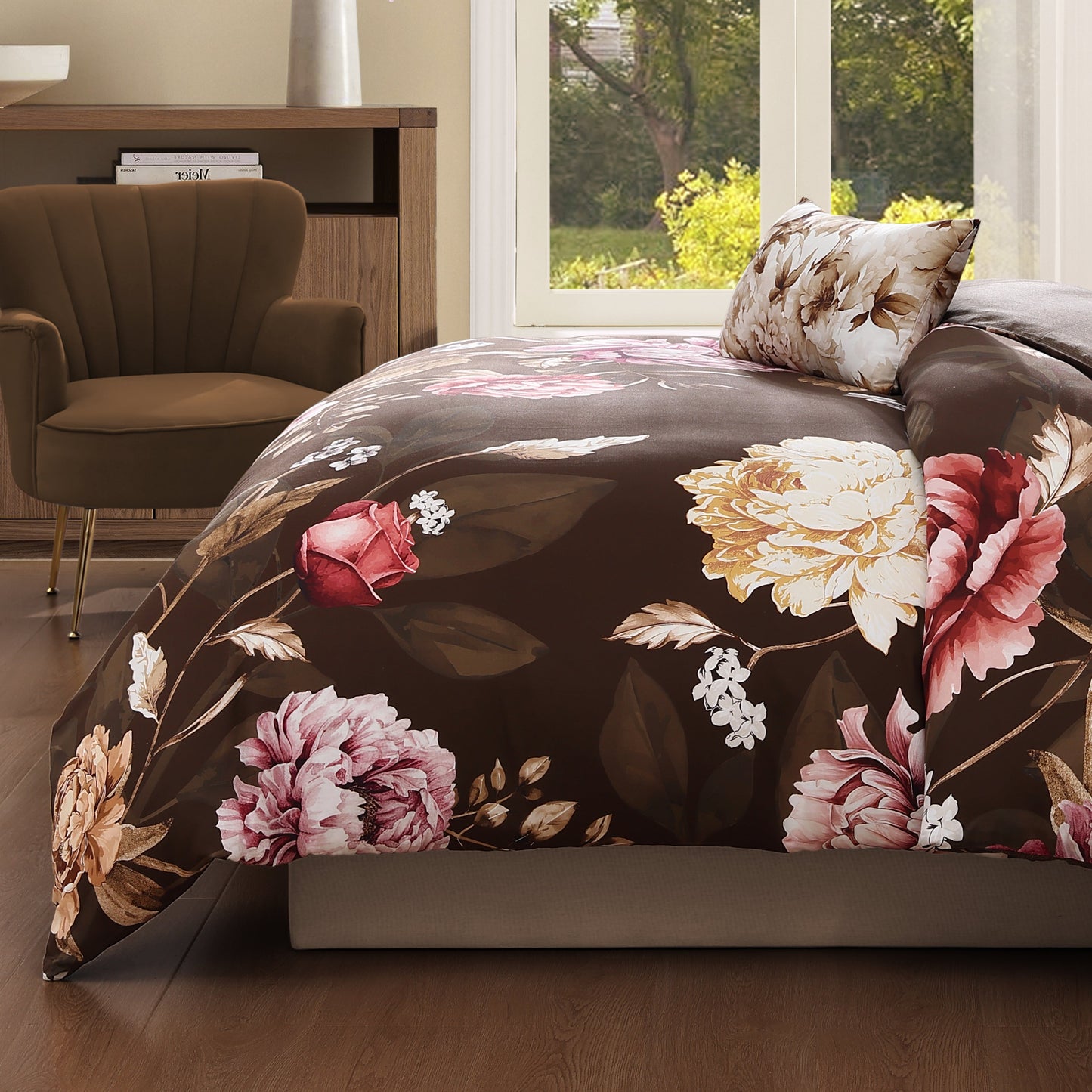 Bebejan Floral Garden on Mocha 5 Piece Reversible Comforter Set-4