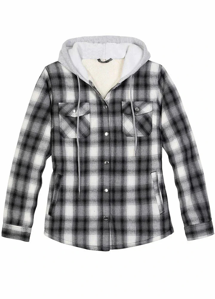Women's Sherpa-Lined Snap Button Flannel Jacket with Fleece Hood-3