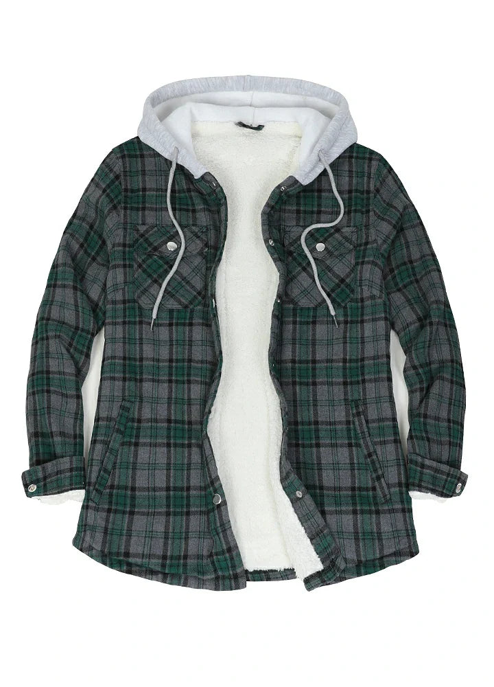 Women's Sherpa-Lined Snap Button Flannel Jacket with Fleece Hood-10