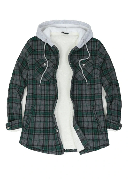 Women's Sherpa-Lined Snap Button Flannel Jacket with Fleece Hood-10