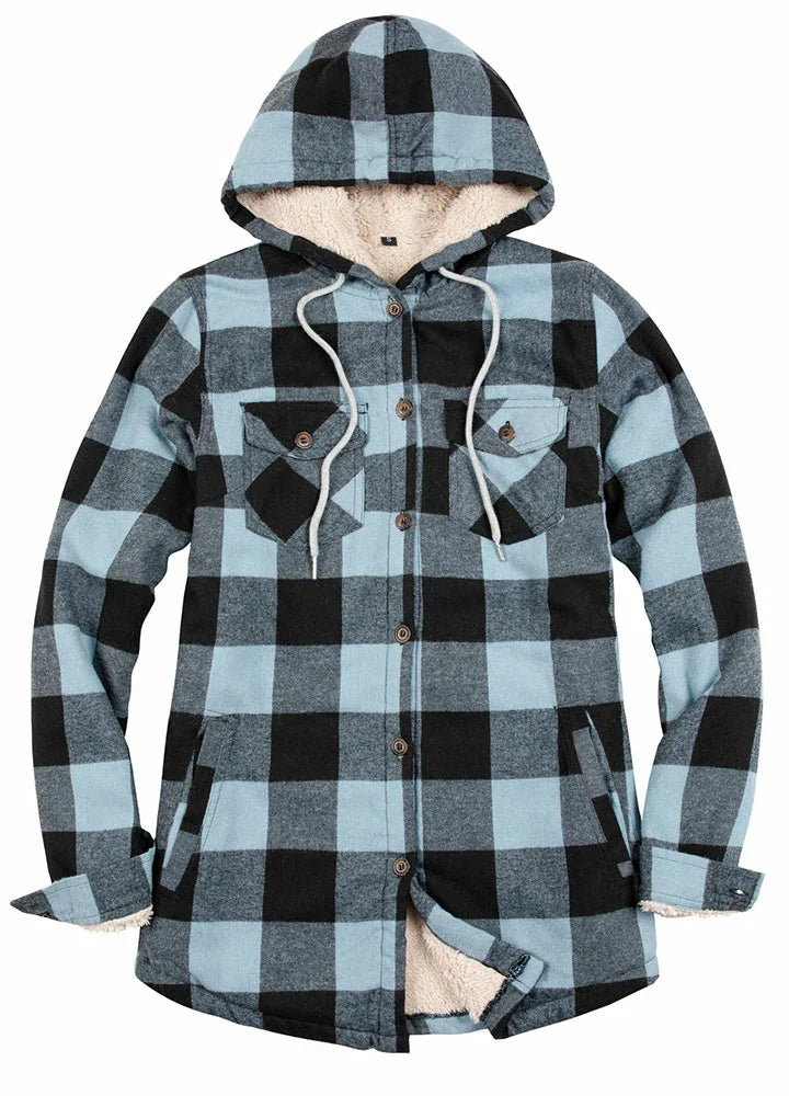 Women's Sherpa Lined Flannel Jacket with Hood, Button Up Plaid-10