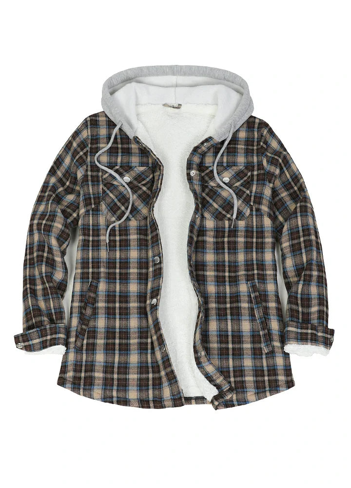 Women's Sherpa-Lined Snap Button Flannel Jacket with Fleece Hood-9