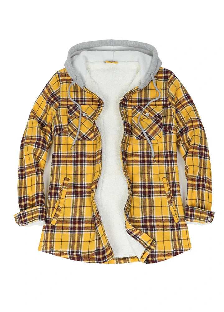 Women's Sherpa-Lined Snap Button Flannel Jacket with Fleece Hood-8