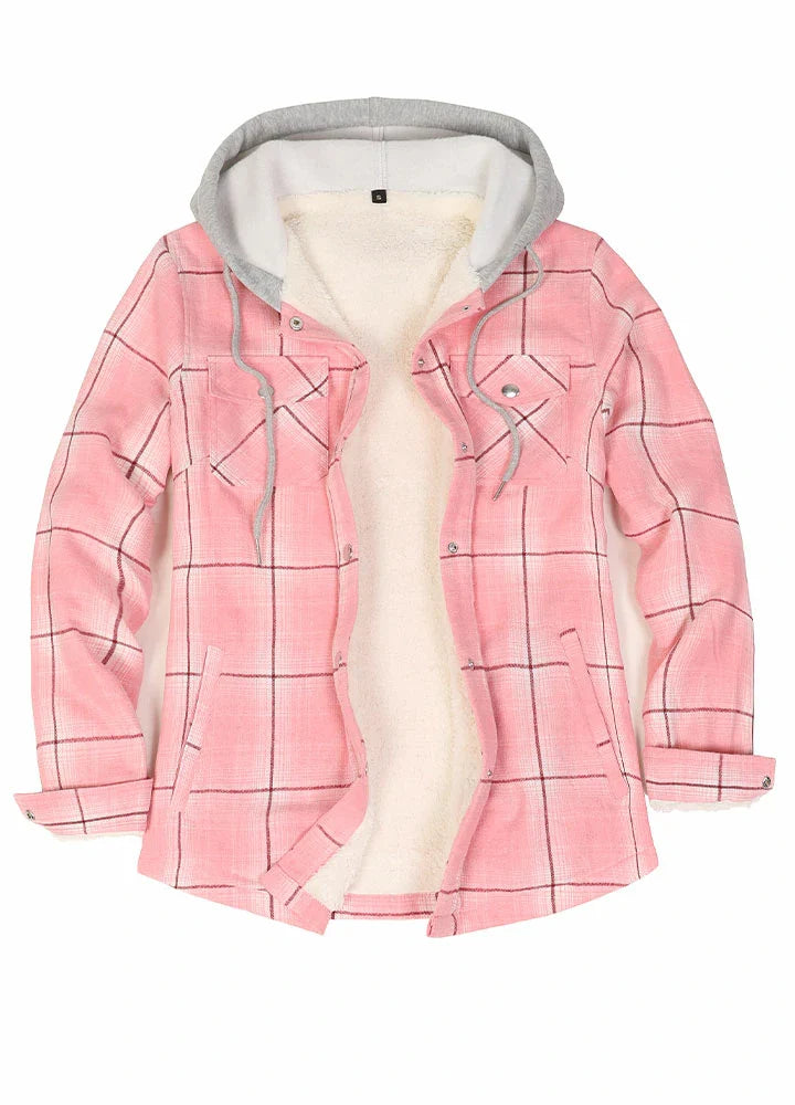 Women's Sherpa-Lined Snap Button Flannel Jacket with Fleece Hood-7