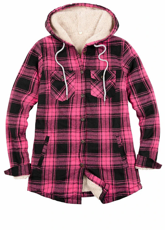 Women's Matching Family Sherpa Lined Pink Flannel Jacket with Hood-0