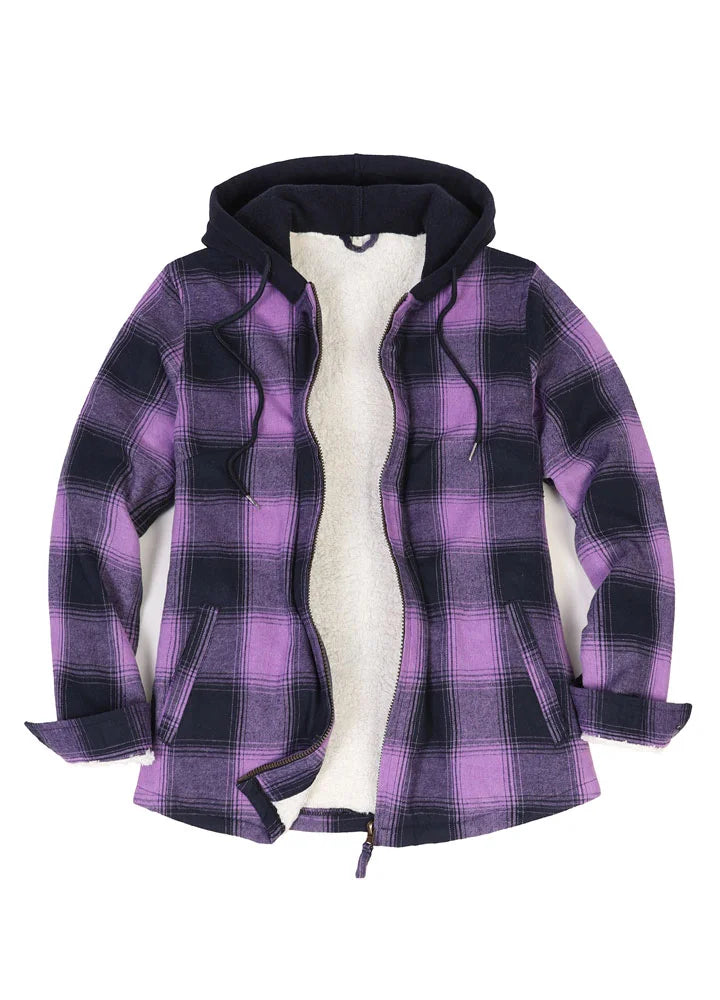Women's Sherpa-Lined Full Zip Up Flannel Jacket with Fleece Hood-4