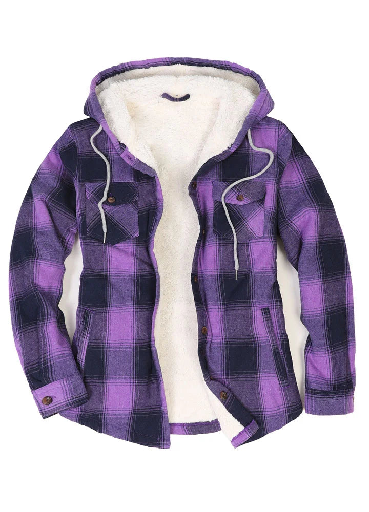 Women's Sherpa Lined Flannel Jacket with Hood, Button Up Plaid-18