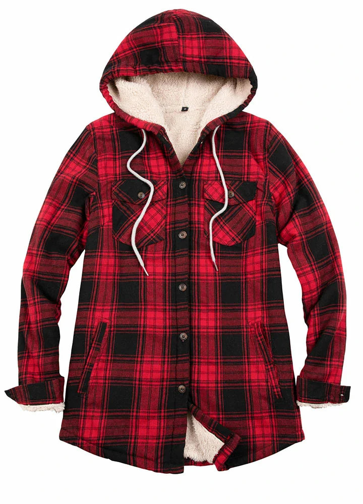 Women's Matching Family Sherpa Lined Red Flannel Jacket with Hood-0