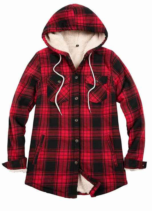 Women's Matching Family Sherpa Lined Red Flannel Jacket with Hood-0