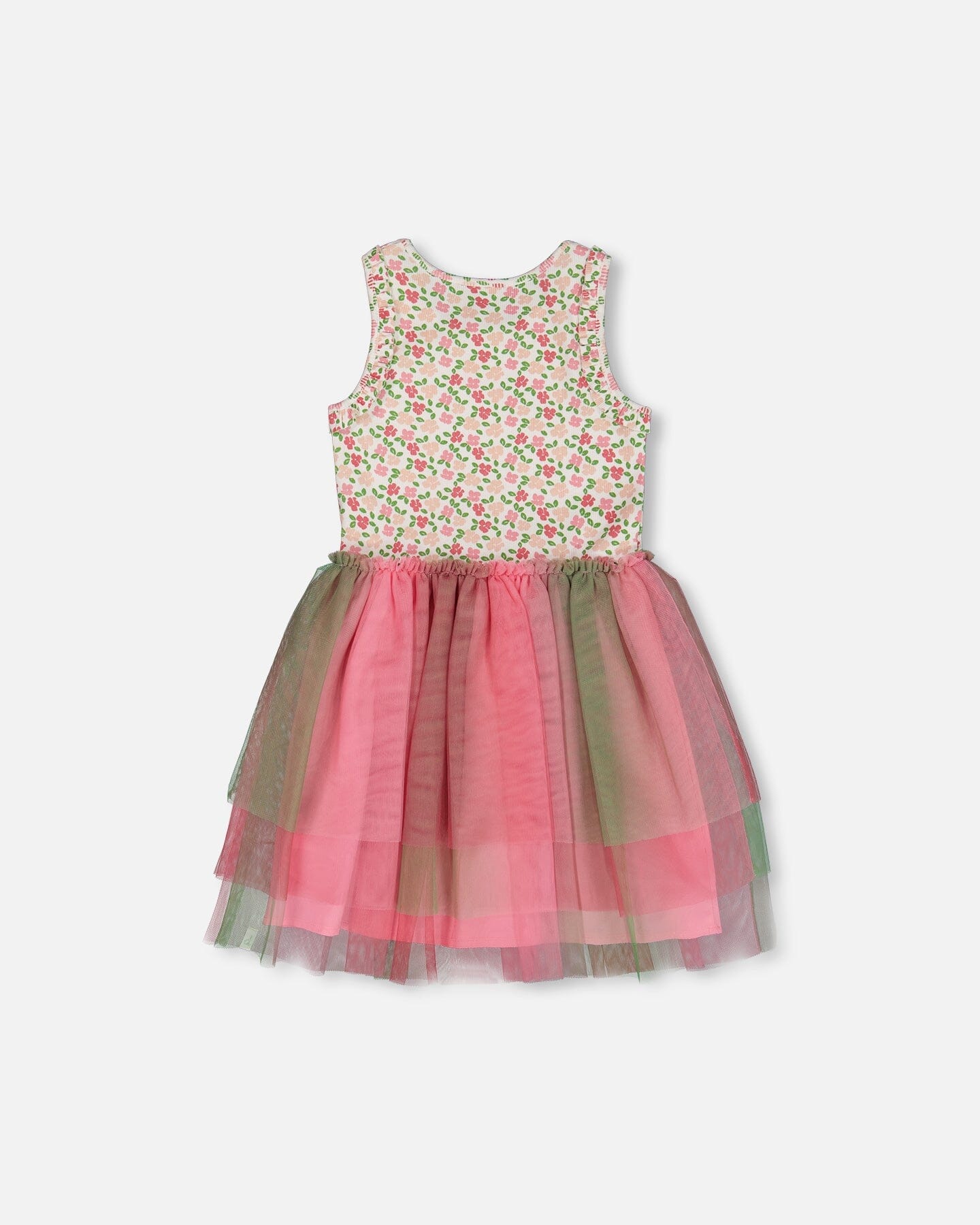 Bi-Material Cotton And Mesh Dress Small Flowers And Multicolored Gradient Skirt-2