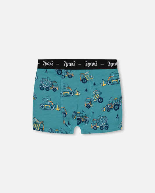 Printed Organic Cotton Boxer Shorts Teal With Yellow Truck-0