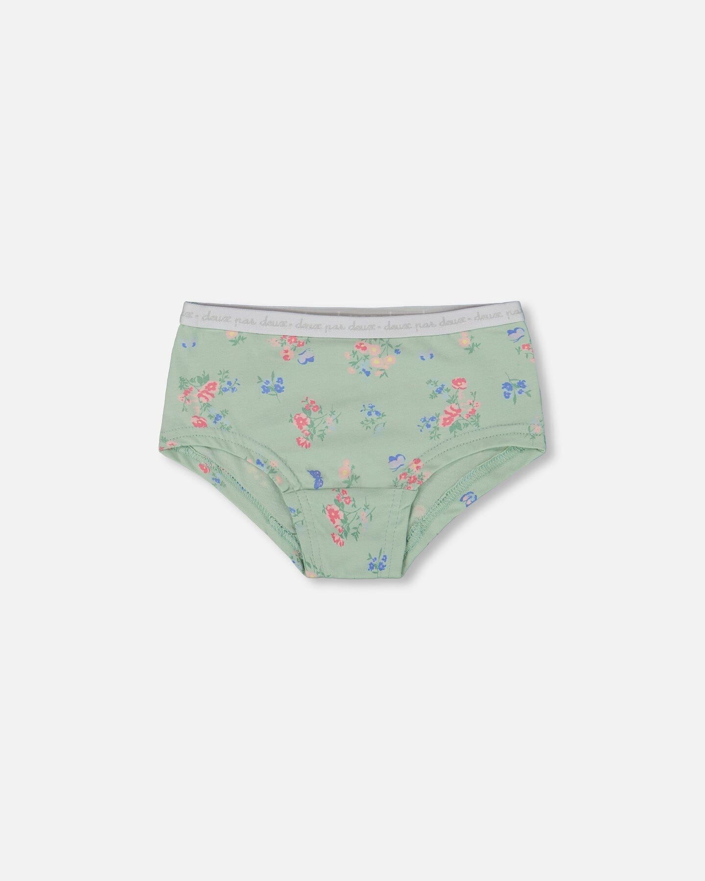 Printed Organic Cotton Boyshort Panty Small Pink And Blue Flowers On Light Sage-0