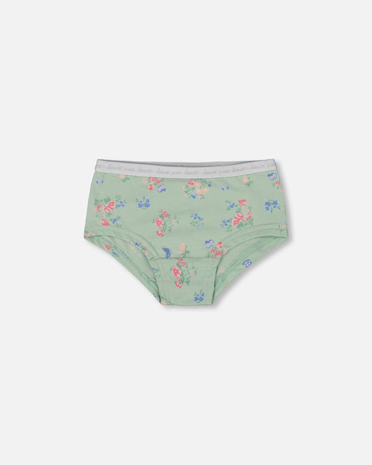 Printed Organic Cotton Boyshort Panty Small Pink And Blue Flowers On Light Sage-0