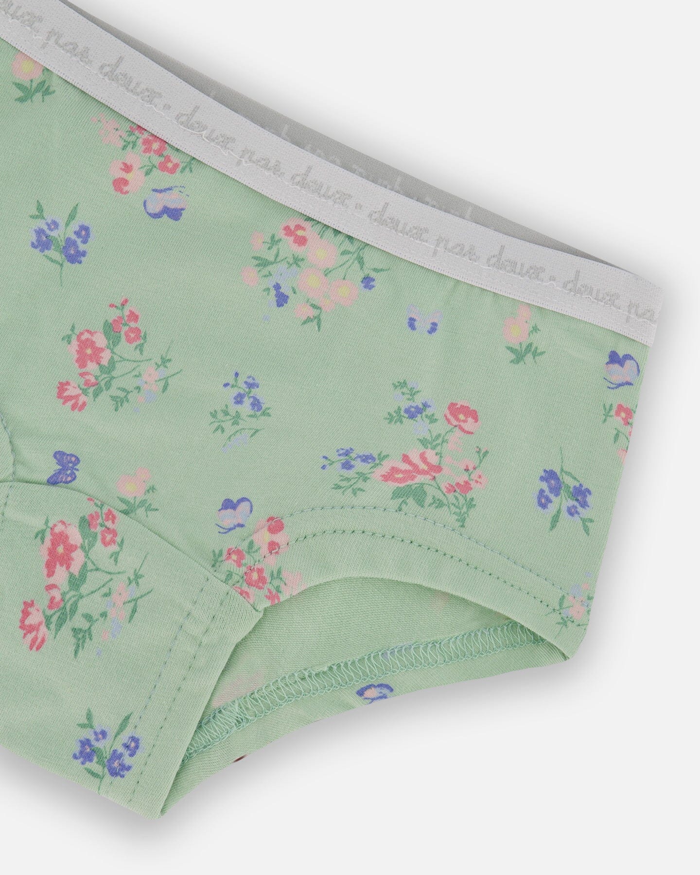 Printed Organic Cotton Boyshort Panty Small Pink And Blue Flowers On Light Sage-2