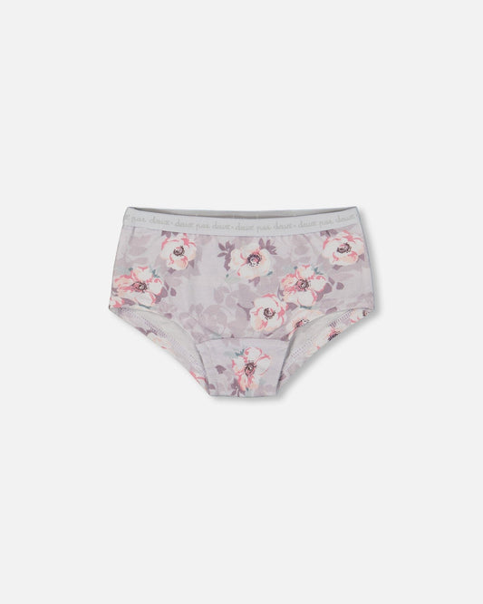 Printed Organic Cotton Boyshort Panty Pale Pink Flowers On Neutral Lilac-0