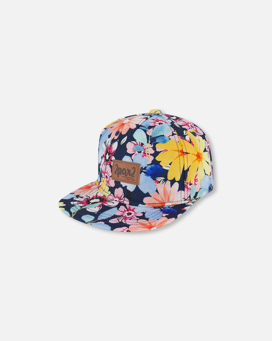 Printed Cap Navy And Yellow And Pink Flowers-0