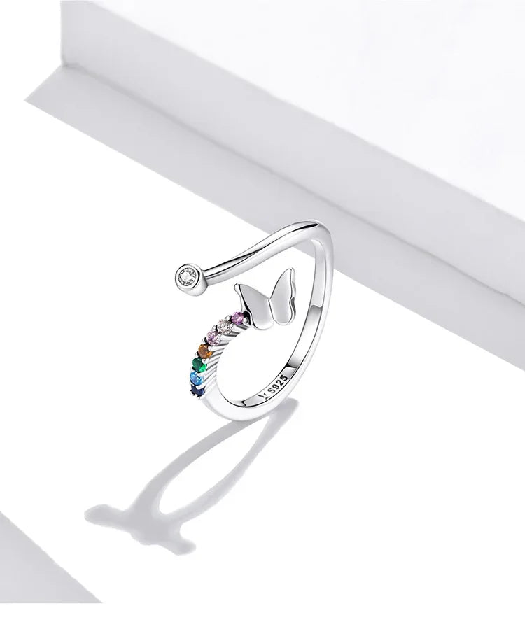 925 Sterling Silver Rainbow Butterfly Ring for Women - Adjustable Open Ring with Colorful Zircon Stones