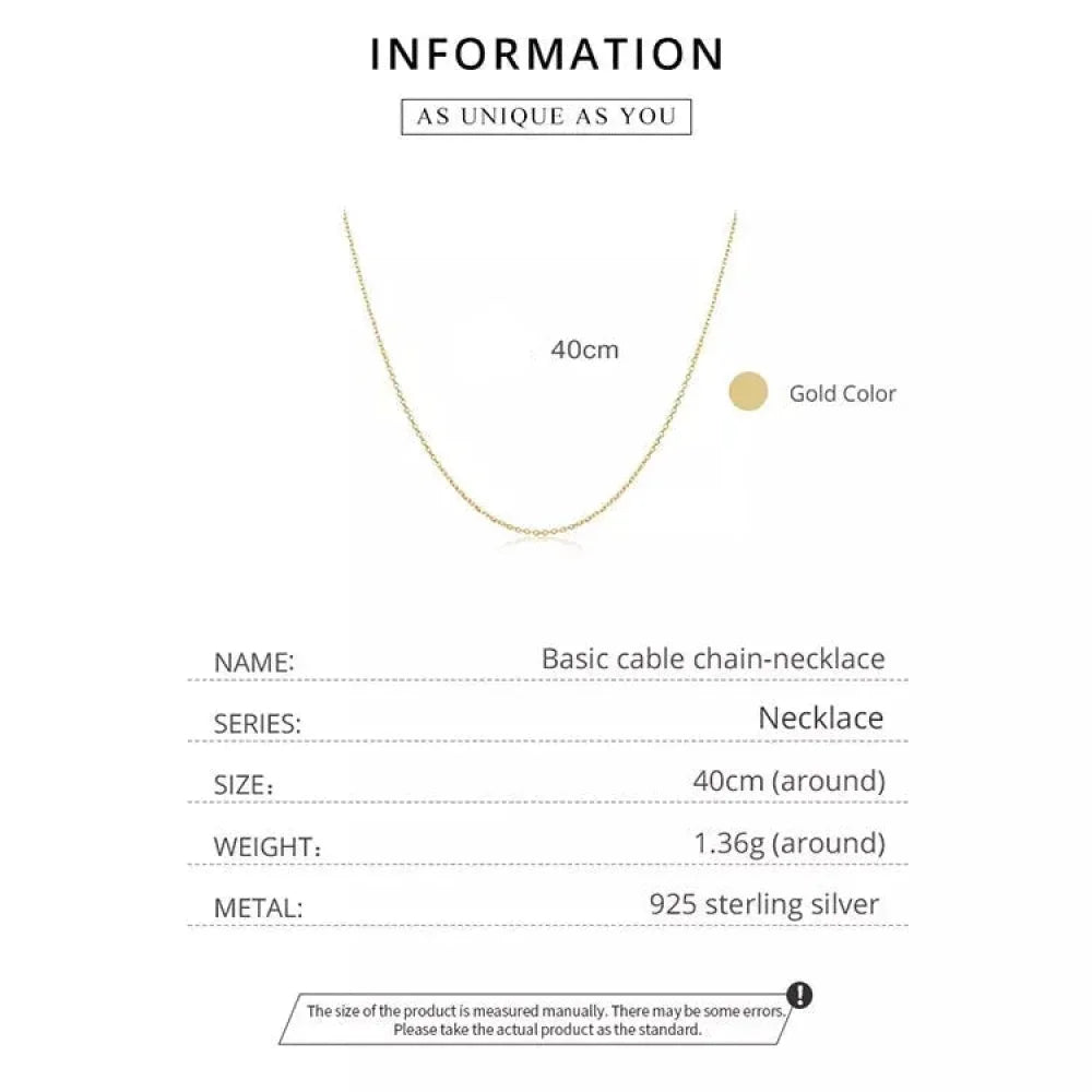 Authentic Gold Color 925 Sterling Silver Basic Cable Chain Necklace - Sca016