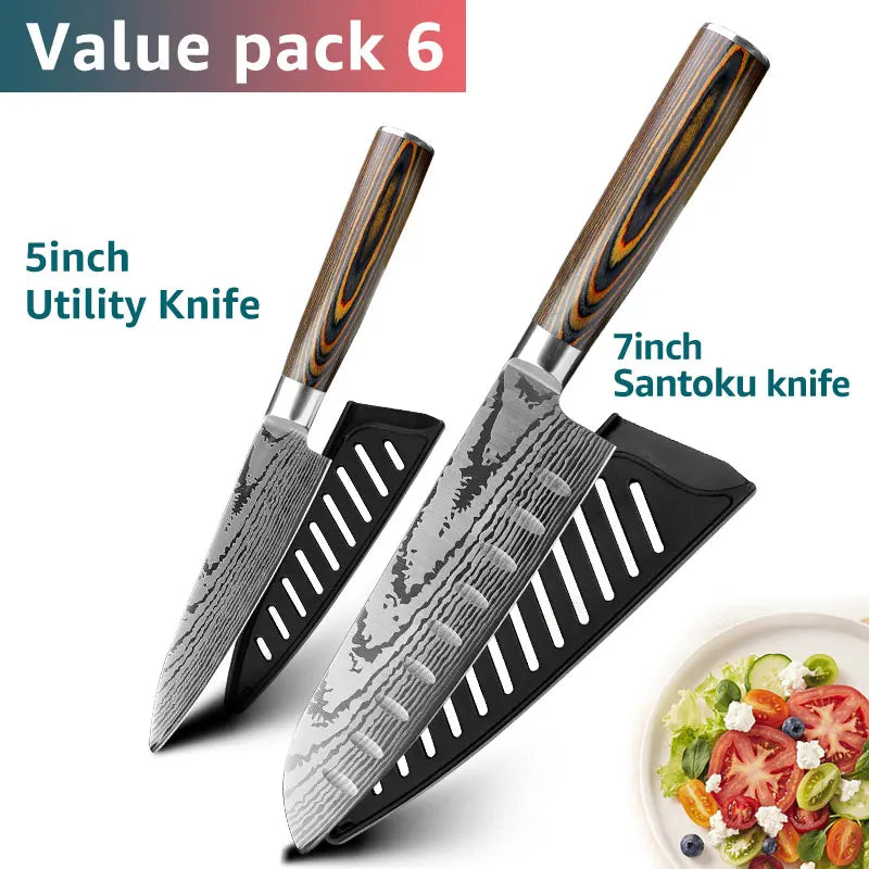 Kitchen knife Set Chef Knives Japanese Utility Paring 7CR17 440C High Carbon Stainless Steel Imitation Damascus Laser Knife