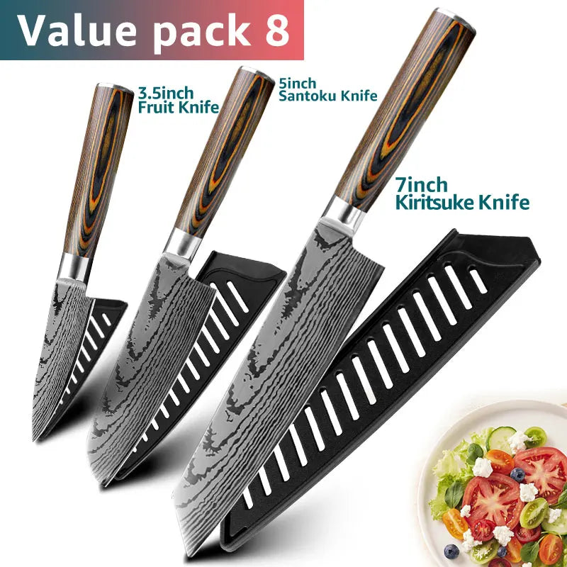 Kitchen knife Set Chef Knives Japanese Utility Paring 7CR17 440C High Carbon Stainless Steel Imitation Damascus Laser Knife