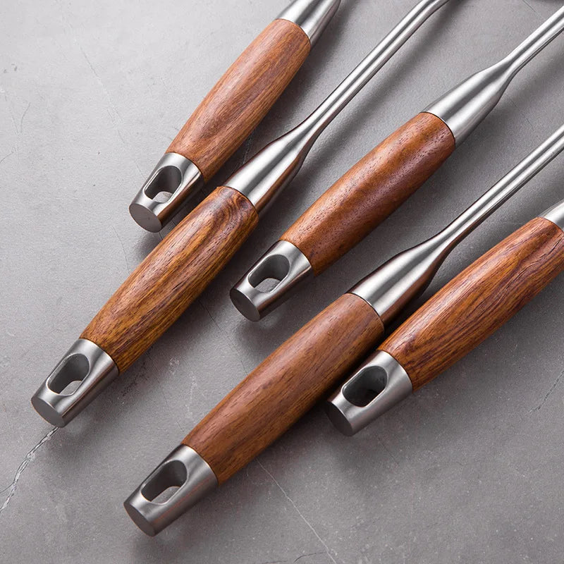 7-Piece Cooking Tools Set, 304 Stainless Steel Kitchen Utensils with Wooden Handle - Turner Soup Spoon Strainer Fish Spatula