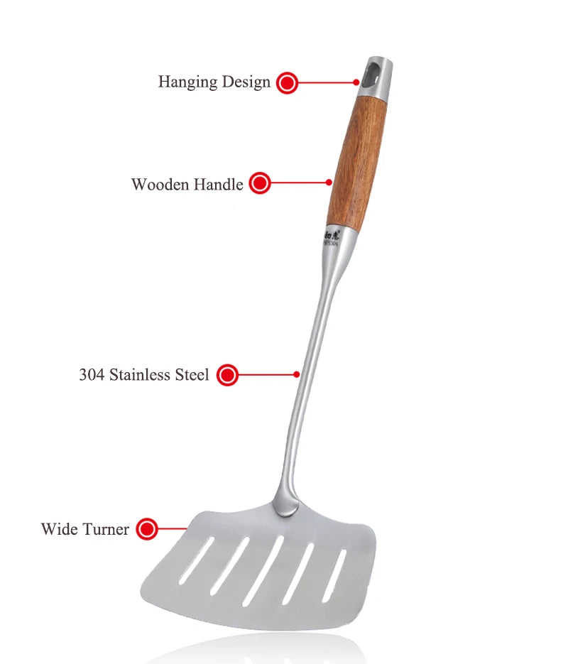 7-Piece Cooking Tools Set, 304 Stainless Steel Kitchen Utensils with Wooden Handle - Turner Soup Spoon Strainer Fish Spatula