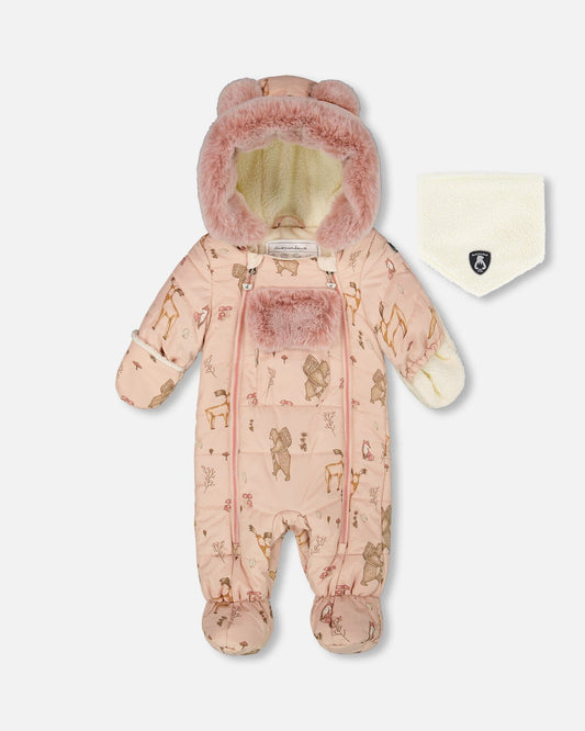 One-Piece Baby Layette Snowsuit Designed For Car Seat Pink Printed Animal-0