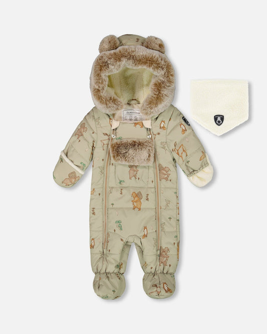 One-Piece Baby Layette Snowsuit Designed For Car Seat Green Animal Print-0