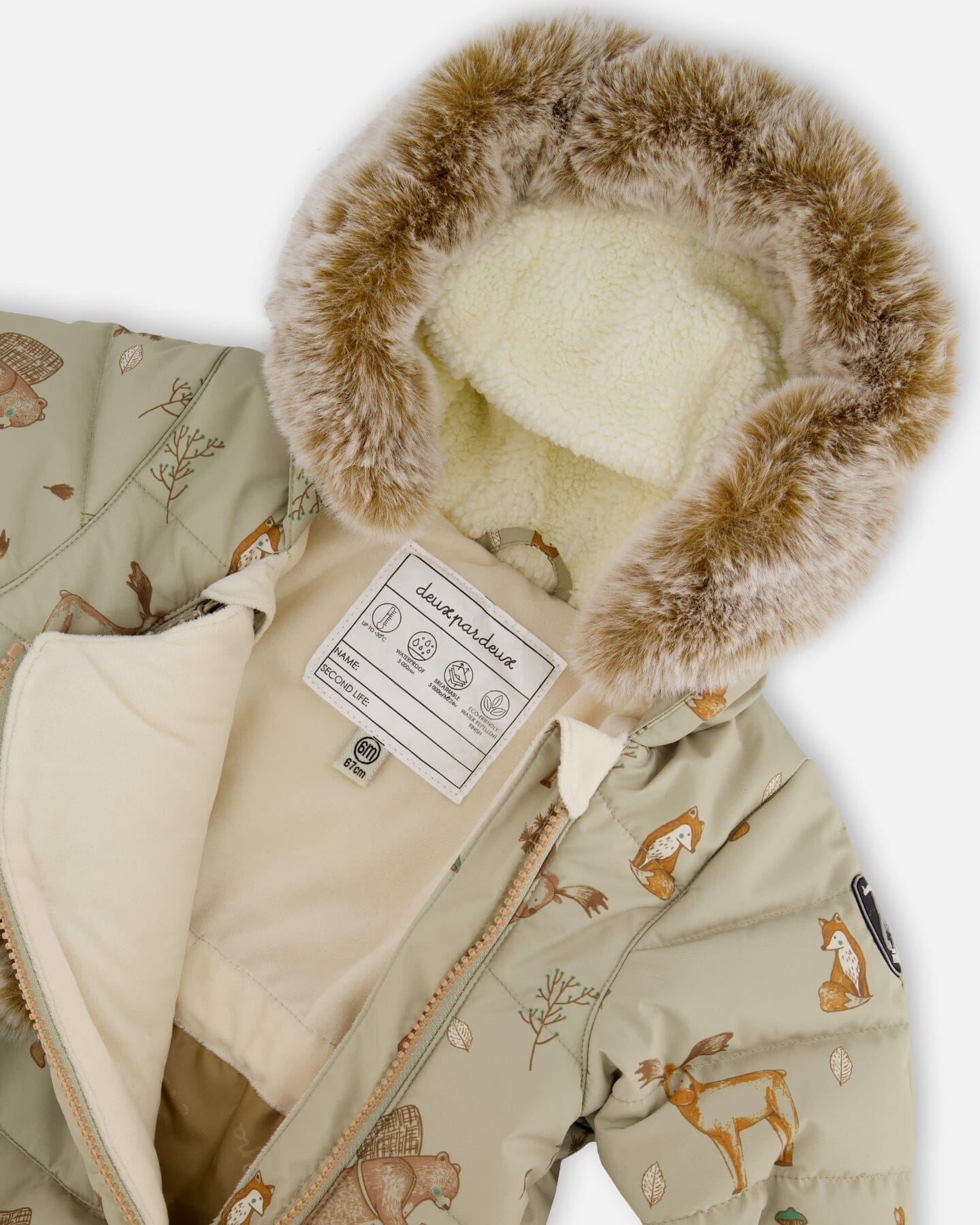 One-Piece Baby Layette Snowsuit Designed For Car Seat Green Animal Print-3
