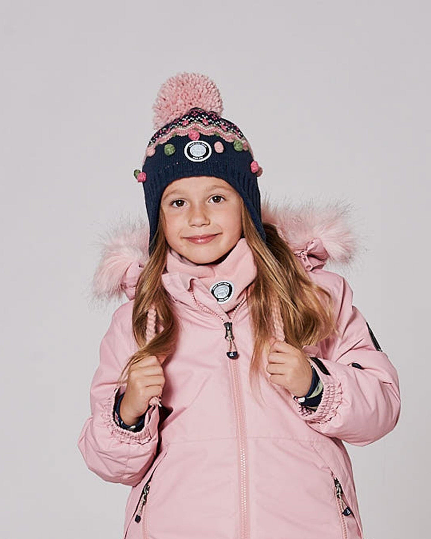 Lined Peruvian Knit Pompom Hat Navy Blue And Pink-1