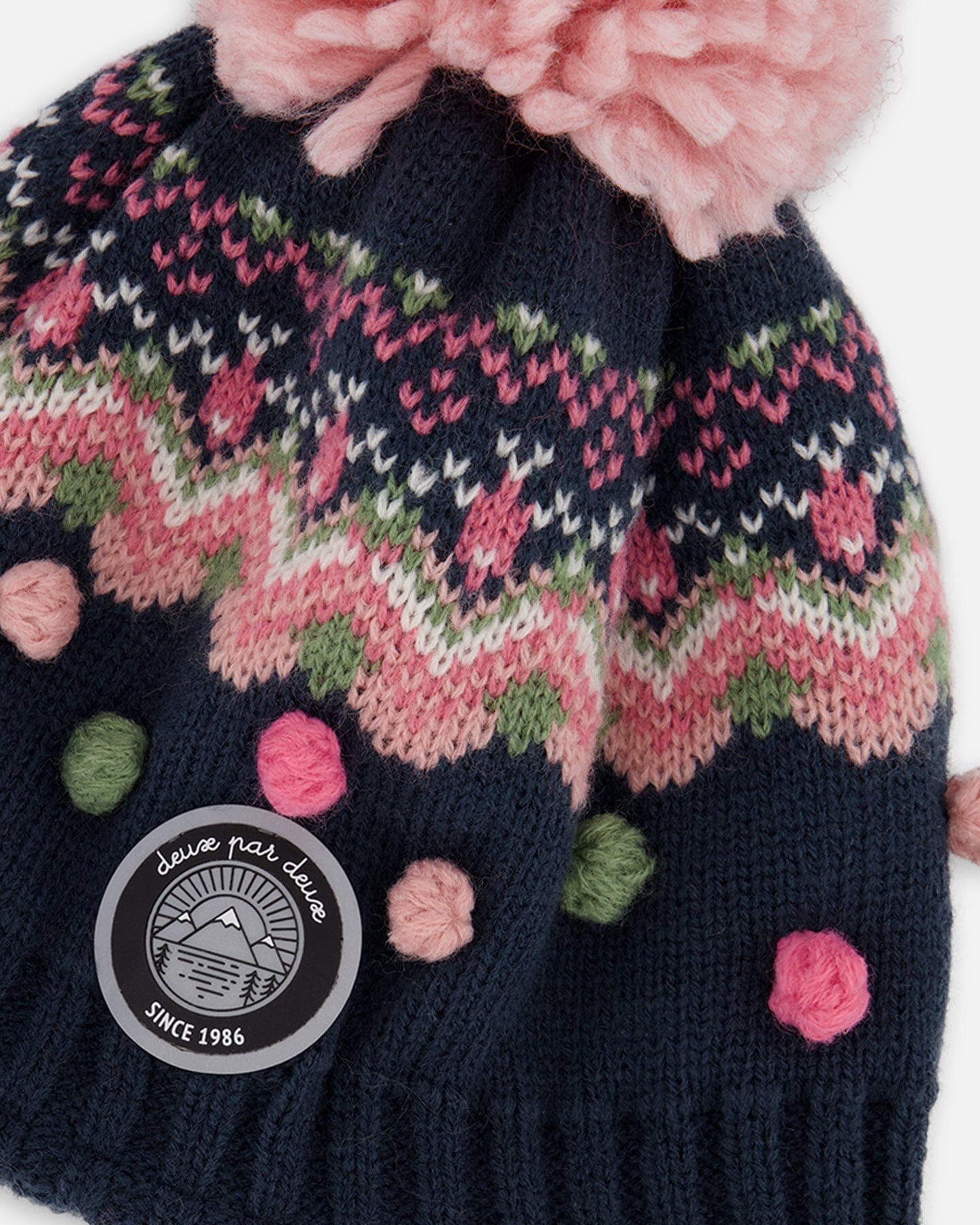 Lined Peruvian Knit Pompom Hat Navy Blue And Pink-3