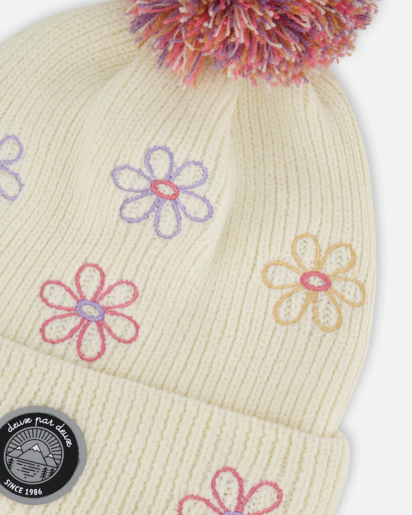 Lined Knit Pompom Hat Off-White And Pink-2