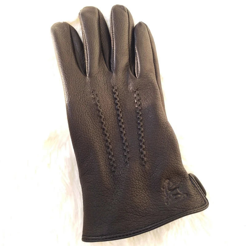 New men's 100% sheepskin gloves, deer skin pattern design, warm and soft men's leather gloves, men's mittens with plush lining
